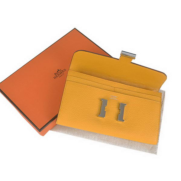 Cheap Fake Hermes Constance Long Wallets Yellow Calfskin Leather Silver